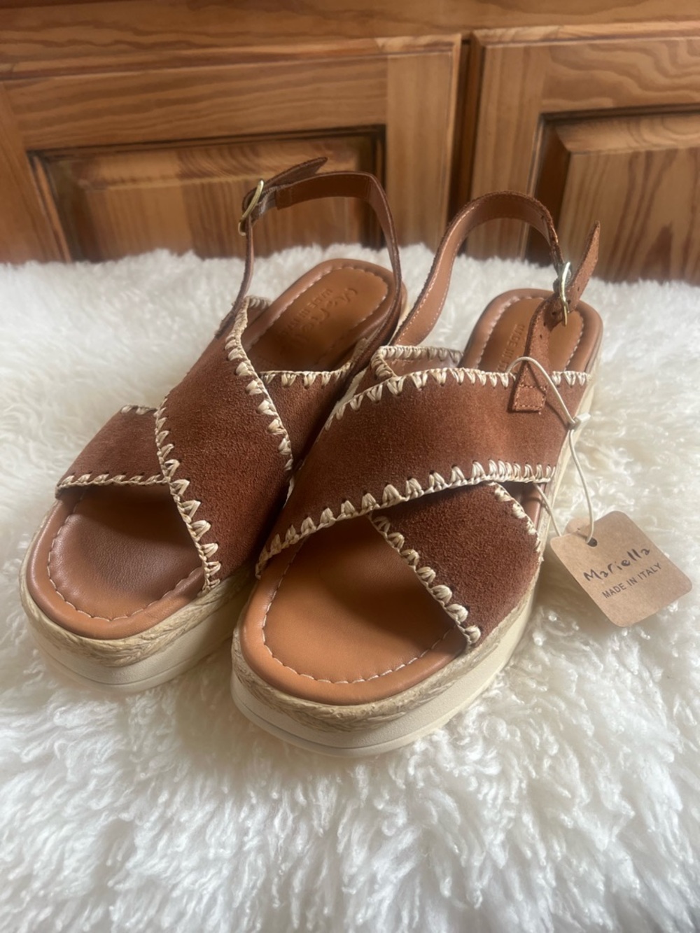 Mariella Brown Suede leather Cross-Strap Platform Sandals made in Italy NWT